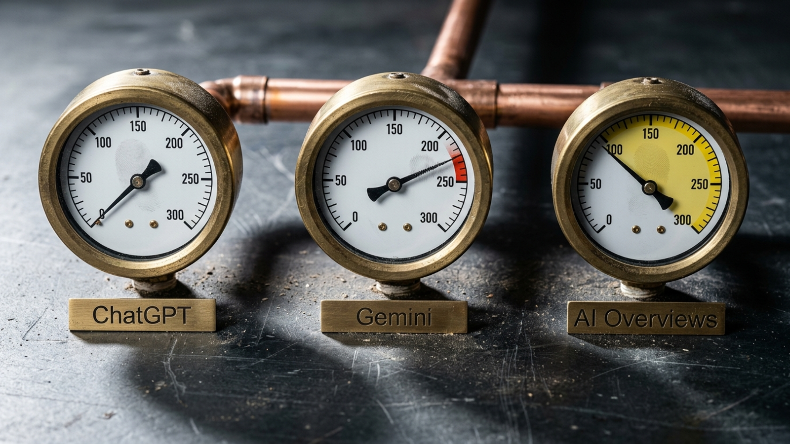 Three gauges labelled ChatGPT, Gemini, and AI Overviews showing different readings.