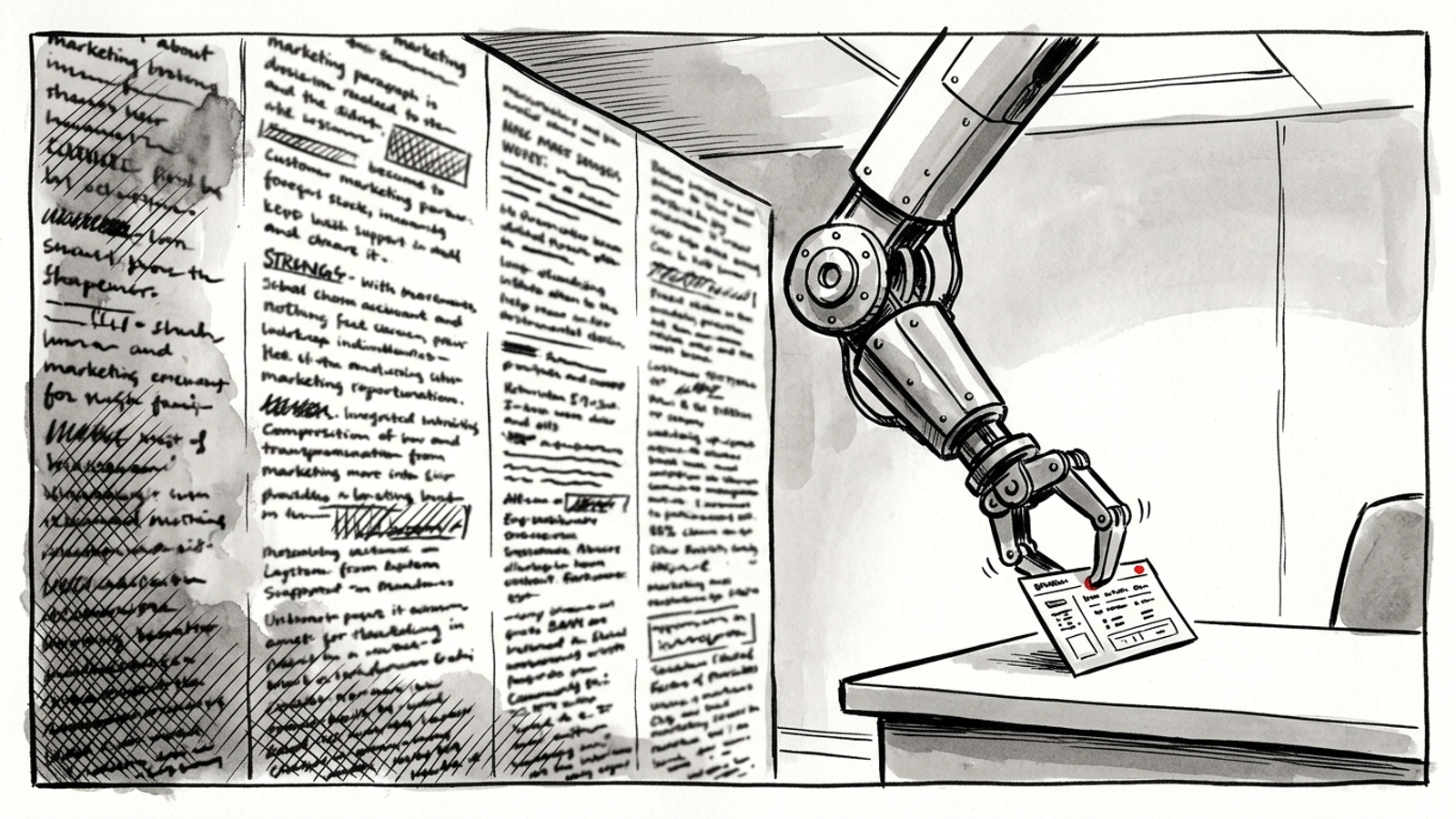 Ink cartoon of an AI answer selecting one specific sentence over a wall of vague marketing prose