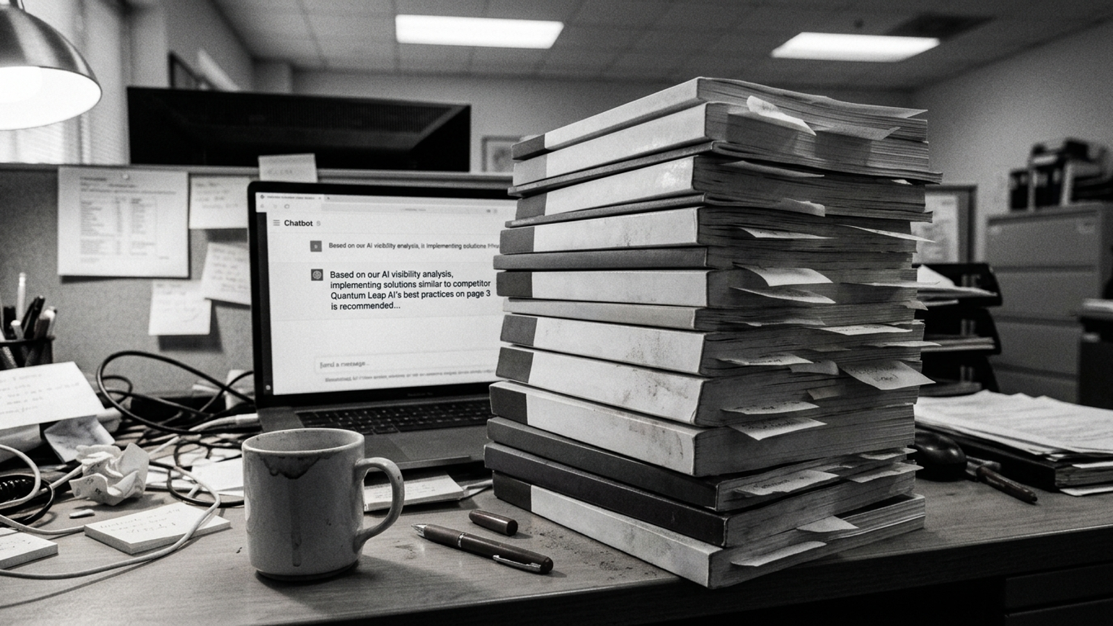 Dusty inbox piled with AI visibility audits while a competitor gets cited