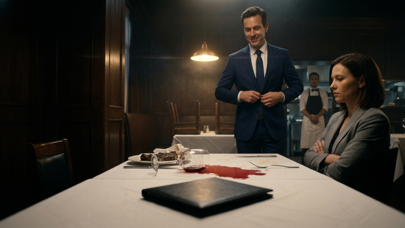 After a ruined steak dinner, a suited man stands to leave while sliding the bill to his frustrated dinner companion, asking who pays when results miss.
