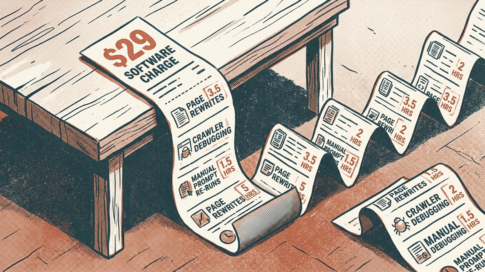 A small software bill unfolding into a receipt for unbilled labor hours.