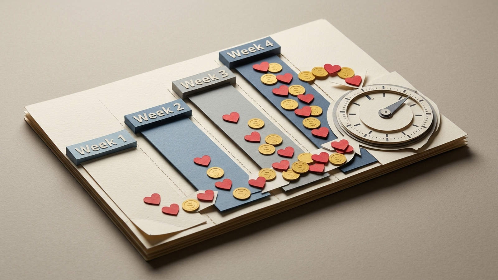 Paper-craft calendar with weeks 1 to 4 feeding conversions into a bidding dial