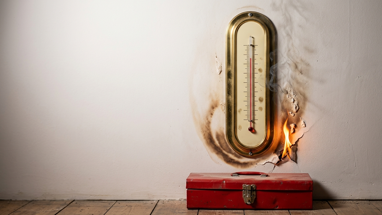 A brass thermometer reads maximum on a smouldering wall above an unopened toolbox: tracking the problem precisely while nobody fixes it.