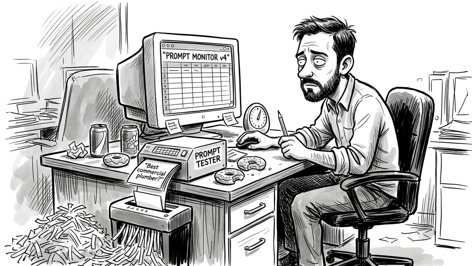 Ink cartoon of a business owner at a spreadsheet beside a printer feeding question cards toward a paper shredder.