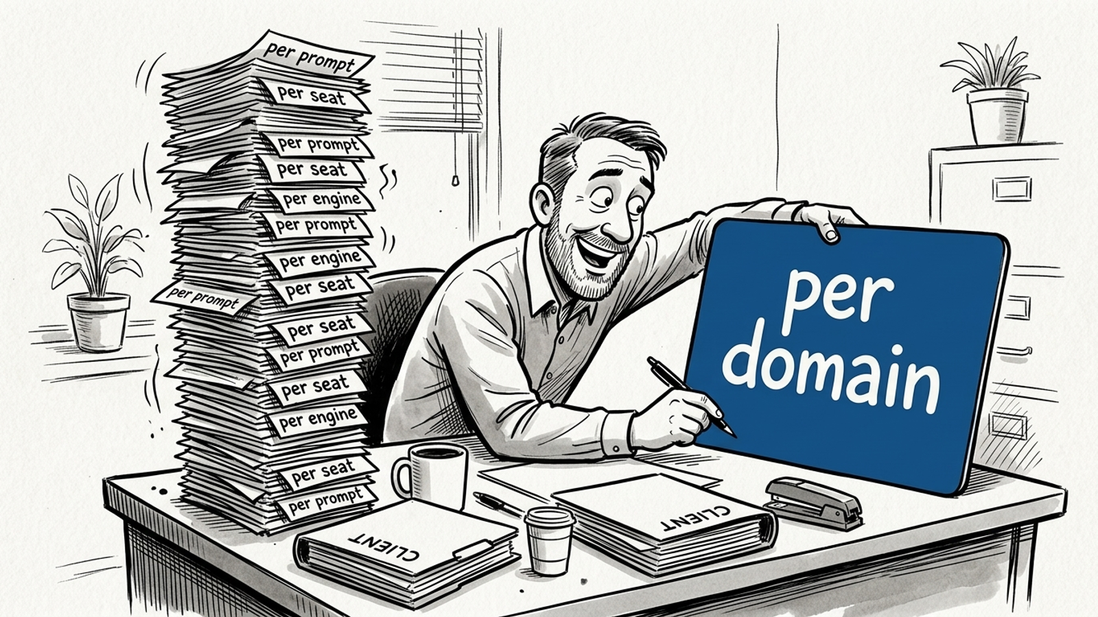 Cartoon agency owner choosing between a stack of per-prompt invoices and one flat per-domain card