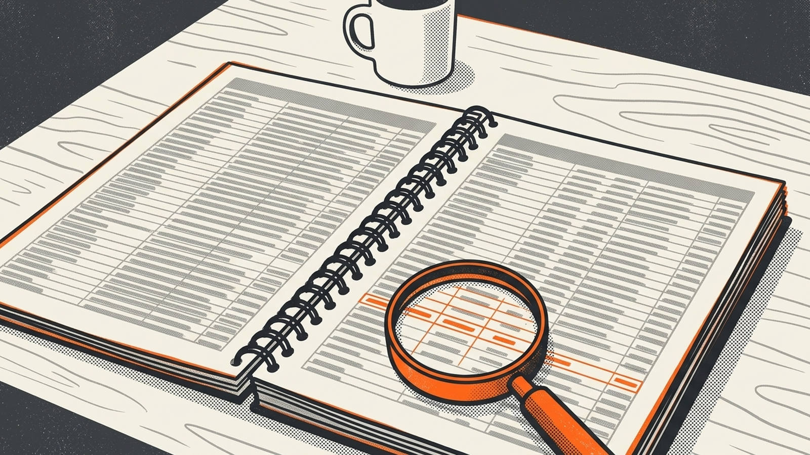 A magnifying glass picks out one useful row in a large audit report.