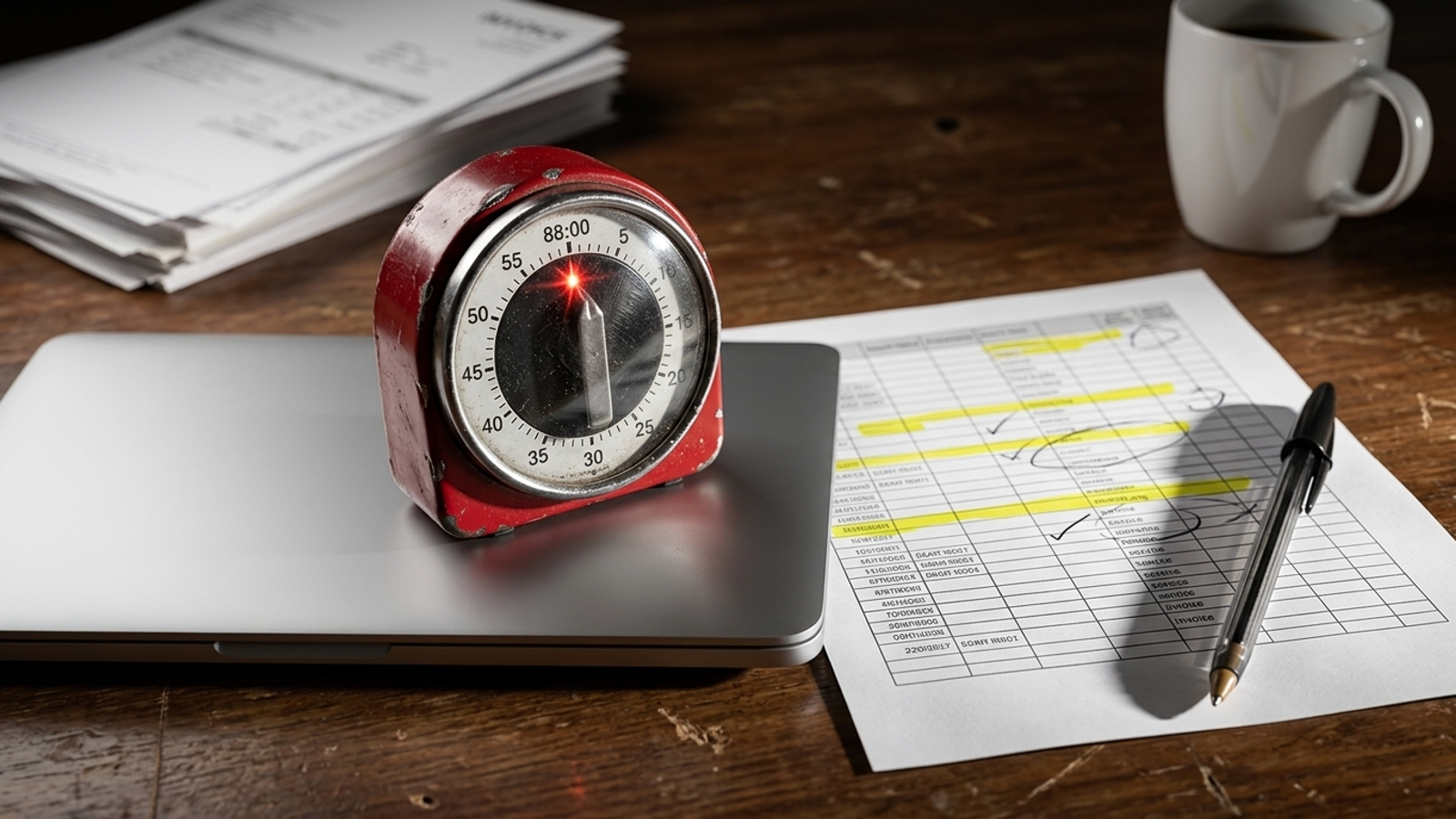 A kitchen timer on top of a closed laptop next to a spreadsheet printout, signaling the 90-minute weekly limit