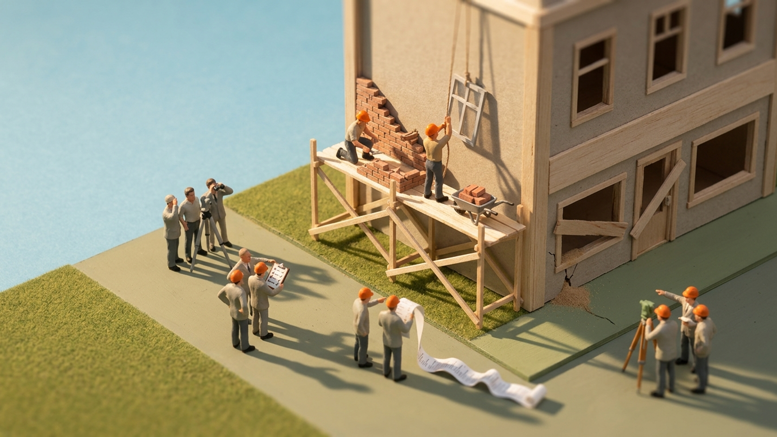 A miniature unfinished building ringed by tiny crews with binoculars and clipboards just watching, while one orange-helmeted crew lays bricks on the scaffold.