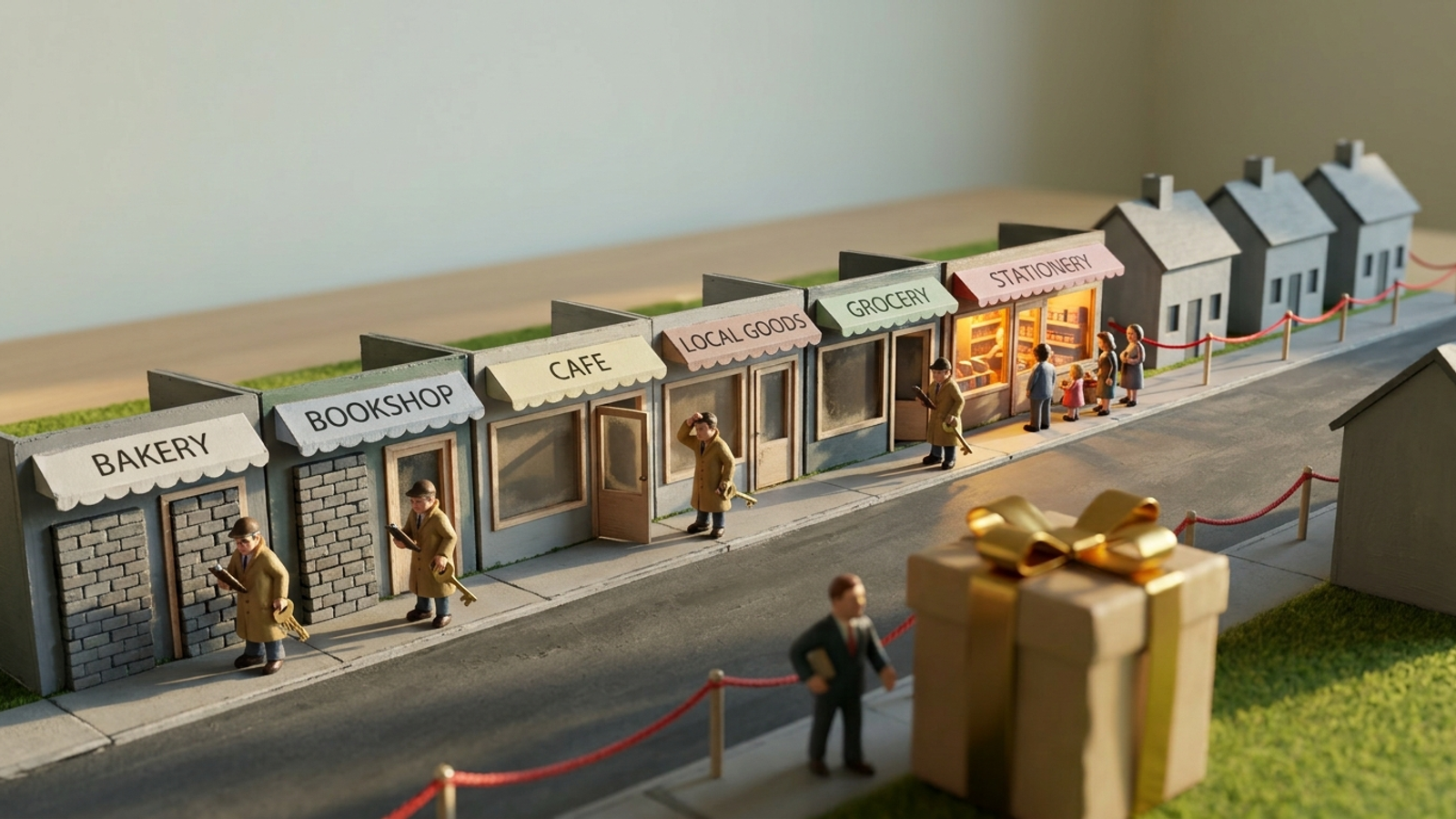 Tiny inspectors with keys test doors on a model street—some bricked shut, some empty, one lit—while a giant gift-wrapped tool sits ignored.