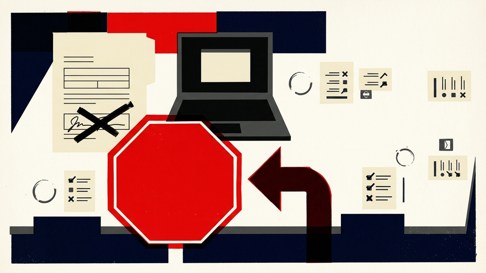 Red stop sign in front of a retainer contract and client website file