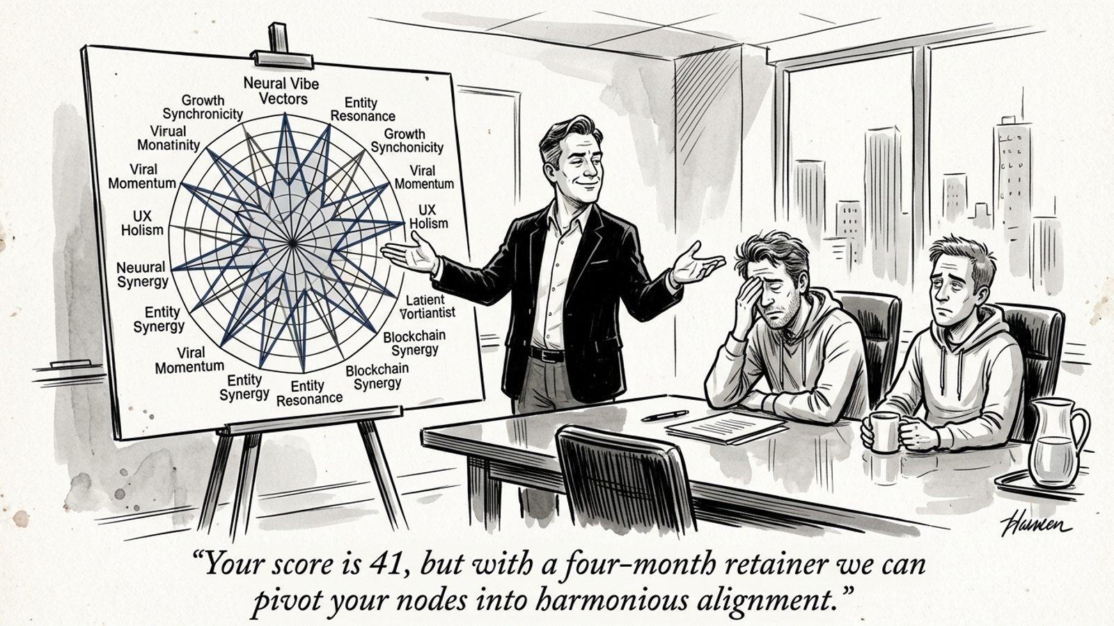 A consultant presents a spider chart titled AI Synergy Resonance to confused executives.