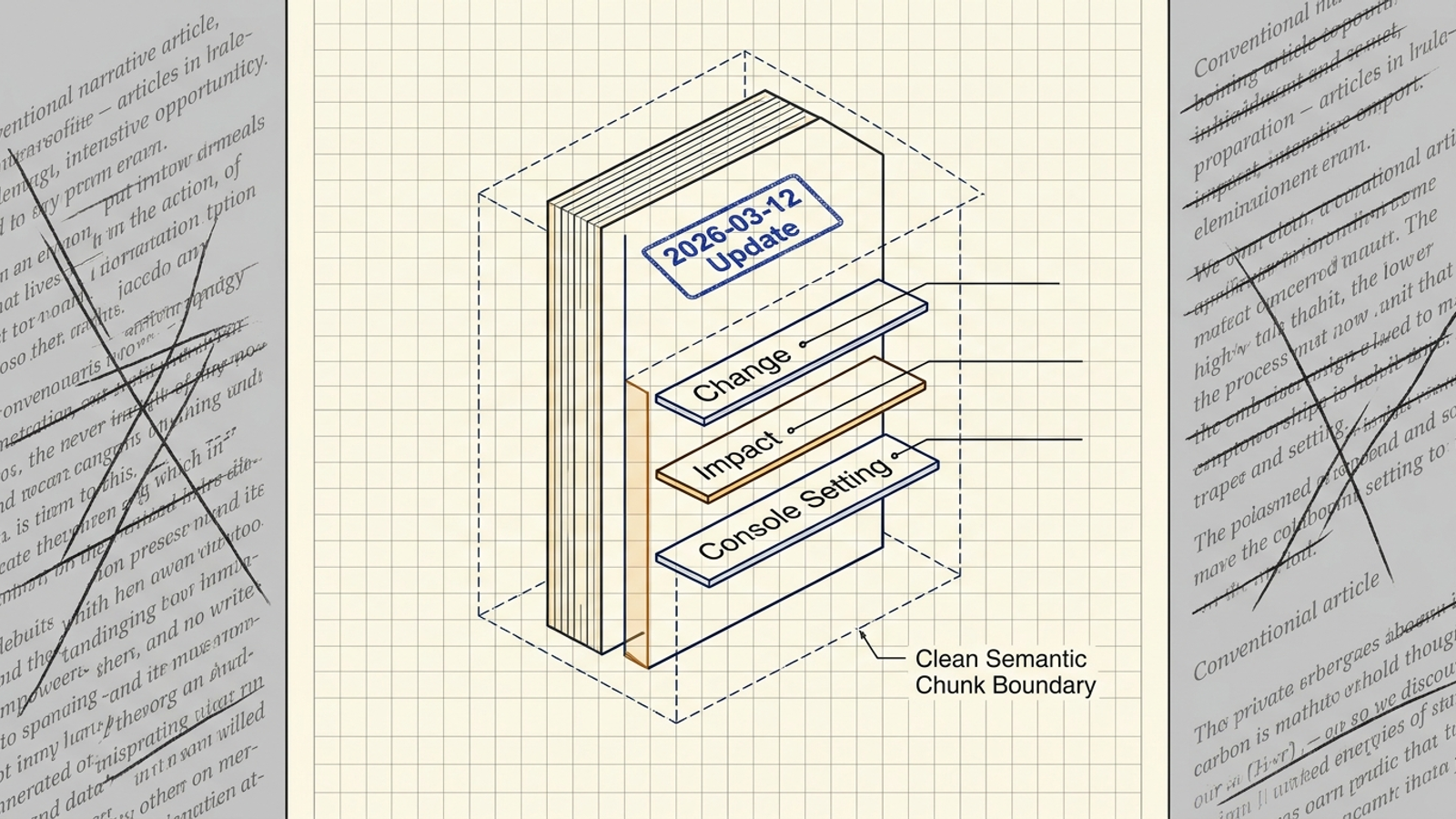 Technical schematic of a changelog block with a dated header, isolated factual detail, and a clear extraction boundary.