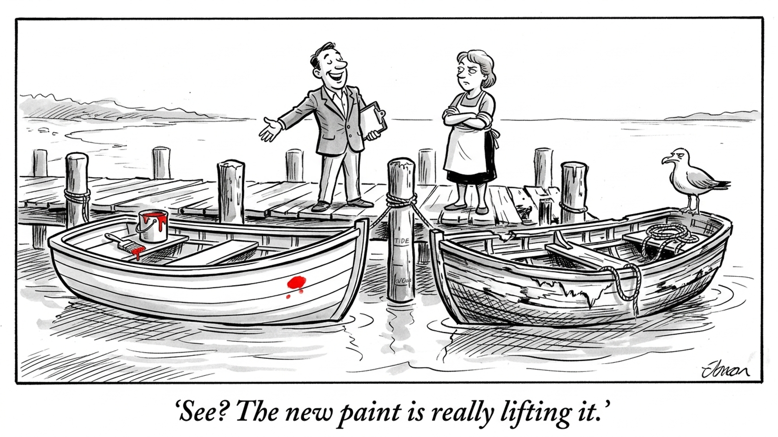 Cartoon: a salesman credits his fresh paint job for lifting one rowboat, while the tide has lifted its unpainted twin just as high.