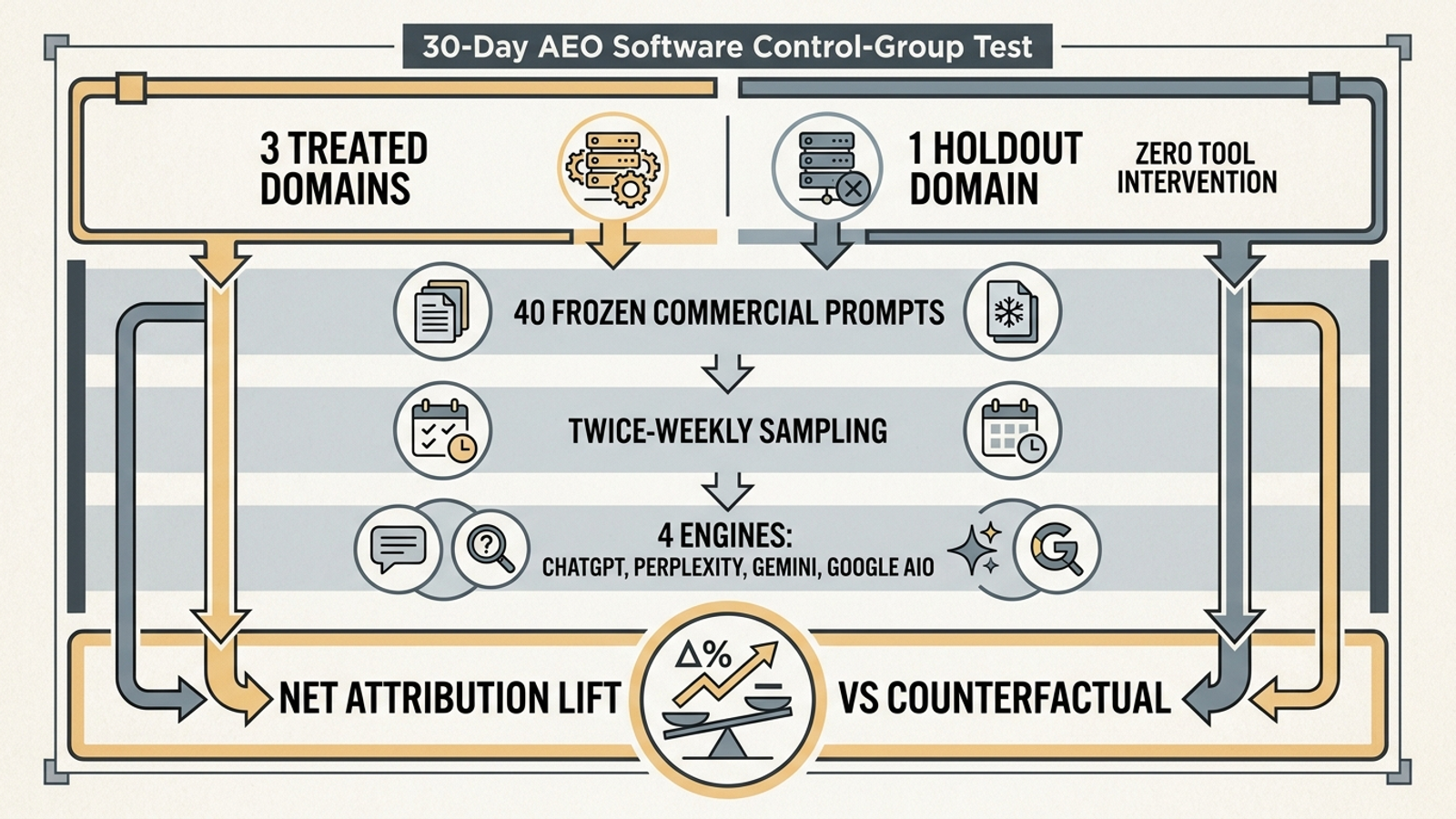 Diagram of a 30-day AEO test: three treated domains, one holdout, and four answer engines.