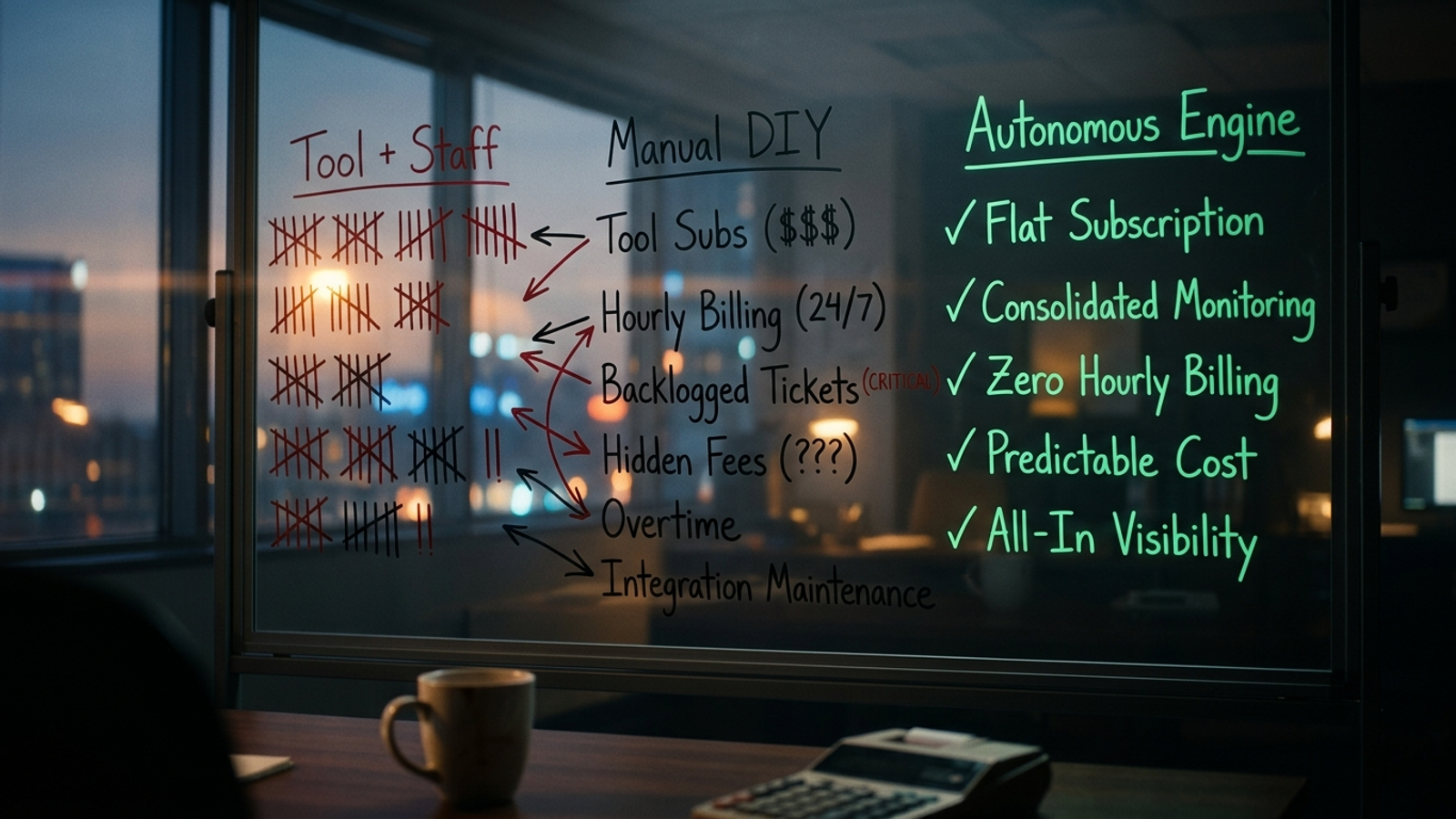 A three-column whiteboard comparing the labor and hidden costs of manual monitoring, tool-based monitoring, and autonomous execution.