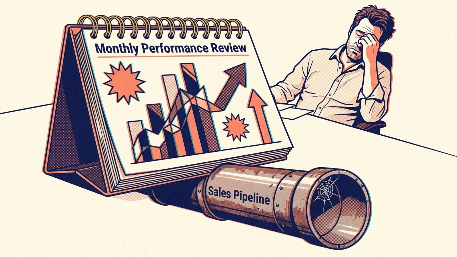 Editorial illustration of a polished marketing report covering an empty pipeline.