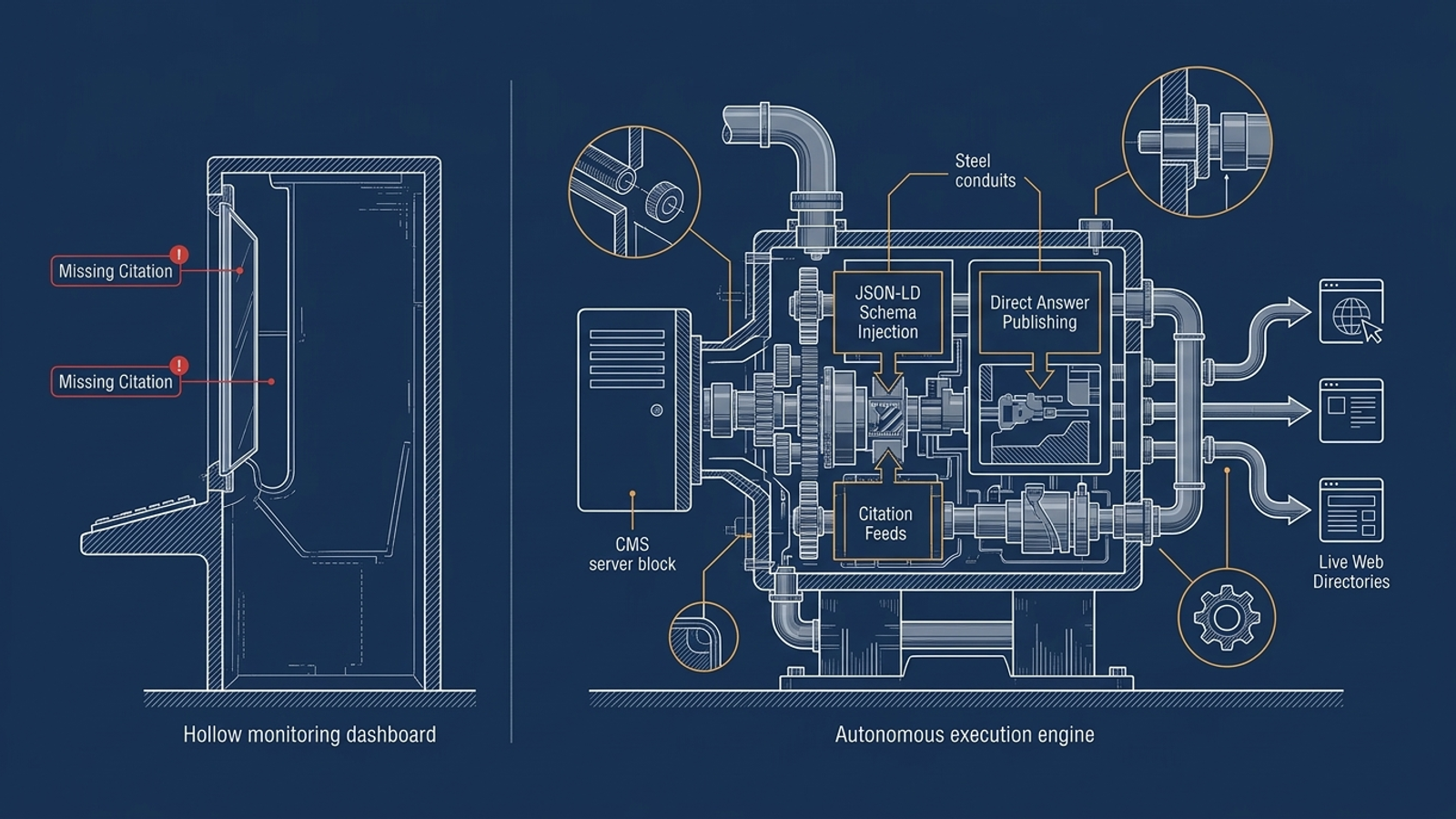 Cutaway diagram contrasting a monitoring dashboard with an engine connected to live publishing and technical fixes.