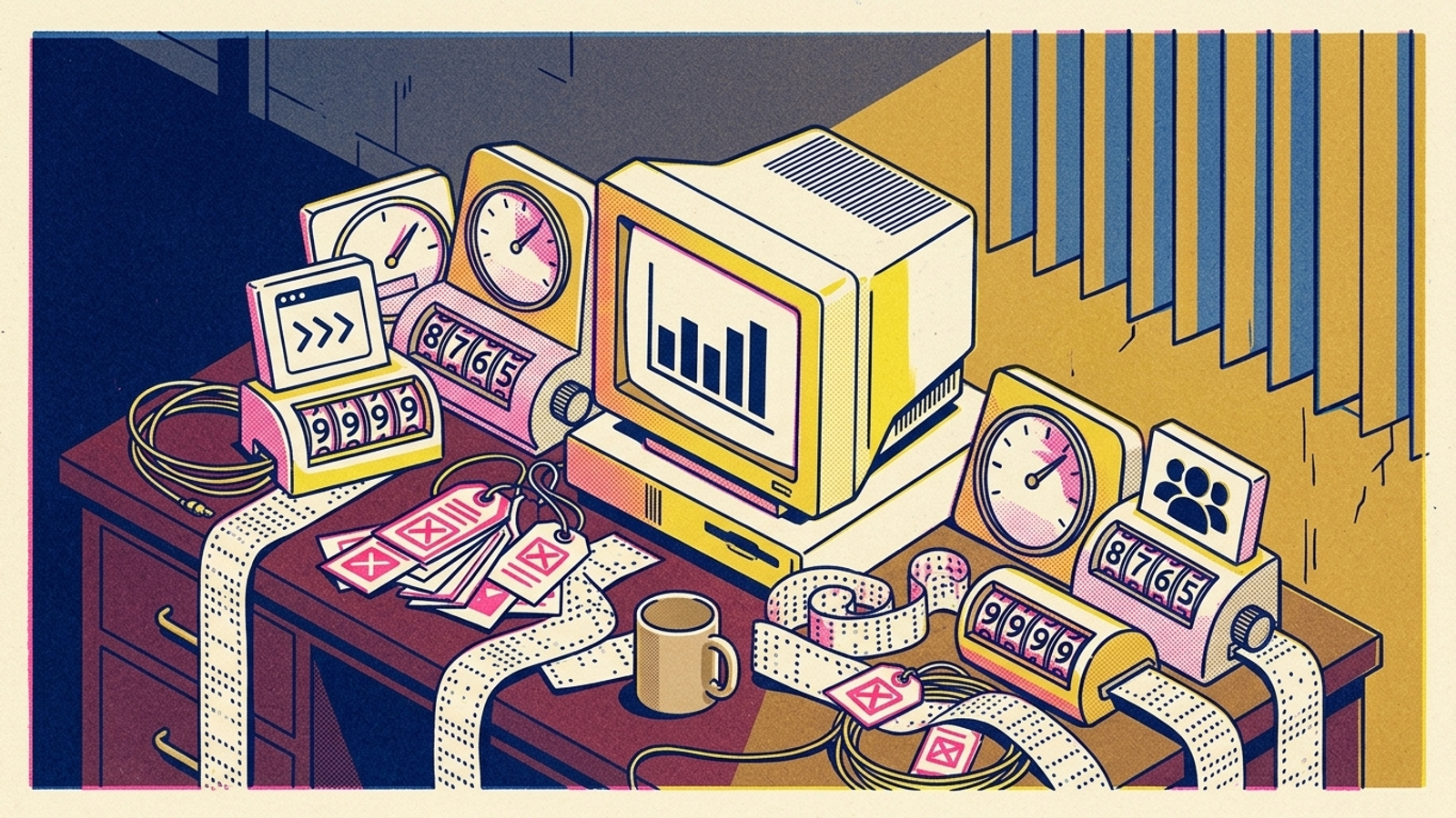 An agency desk crowded with software meters and manual audit tickets.