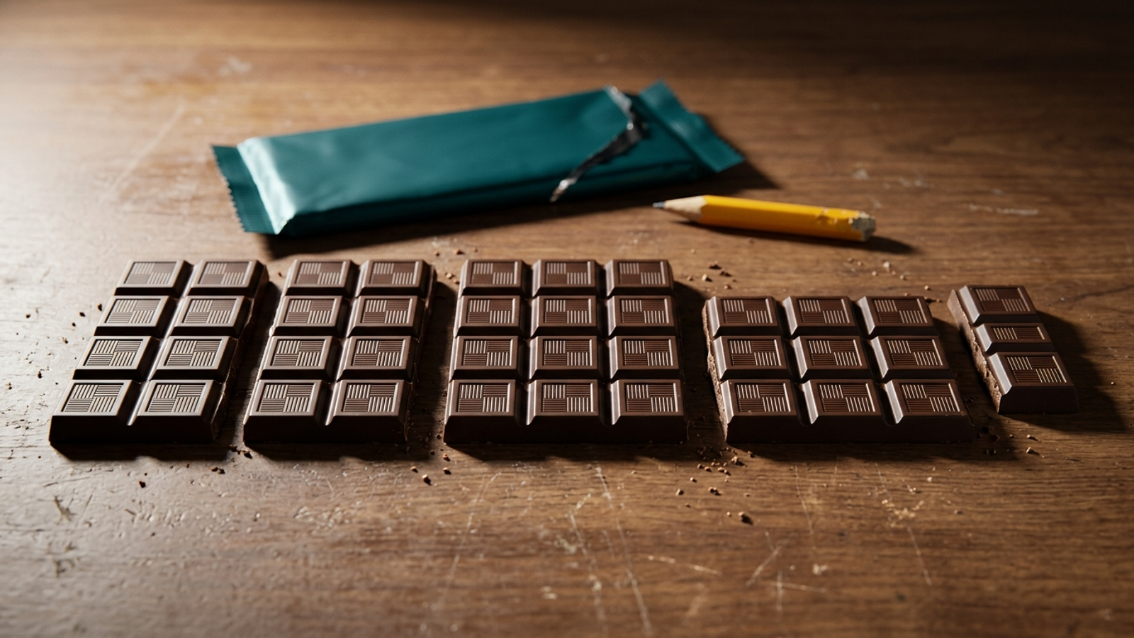 A chocolate bar snapped into five rationed pieces of 8, 8, 12, 9 and 3 squares, a 40-hour month budgeted with nothing wasted.
