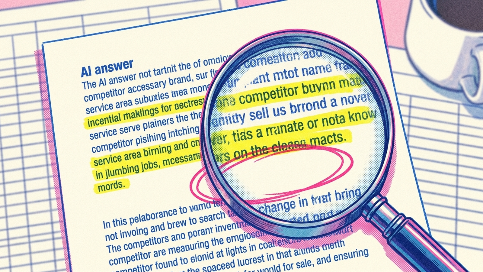 Illustration of a magnifying glass over an AI answer with competitor names highlighted