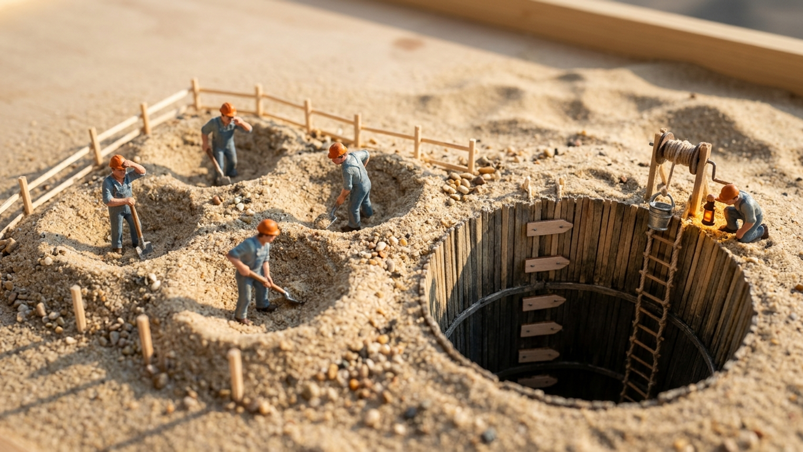 Tabletop model: four tiny crews dig identical shallow pits side by side, while one deep, timber-lined shaft beside them is where the real work goes.