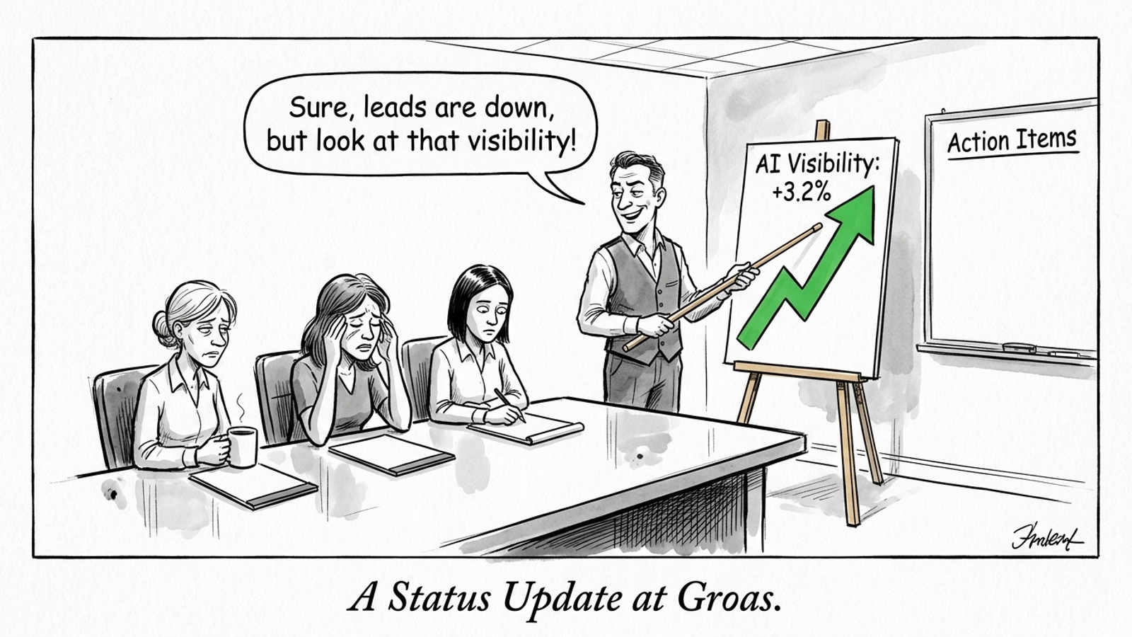 Pen-and-ink cartoon of an agency presenter pointing at a rising green arrow while clients face an empty whiteboard labelled Action Items.