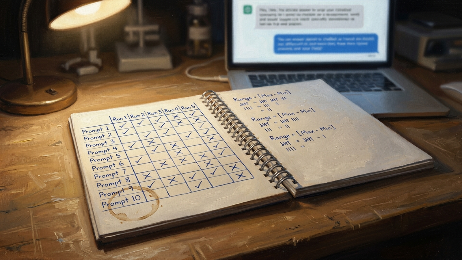 Lab notebook with a 10-prompt, five-run grid and scattered mention checkmarks
