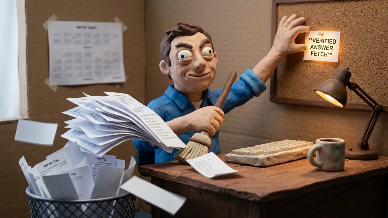 Clay stop-motion scene of a marketer discarding fake bot logs and keeping a verified answer card