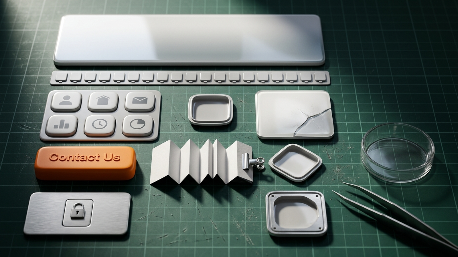 A landing page disassembled like a gadget on a repair mat, every part a hollow glossy shell, with tweezers beside an empty dish: nothing inside to extract.
