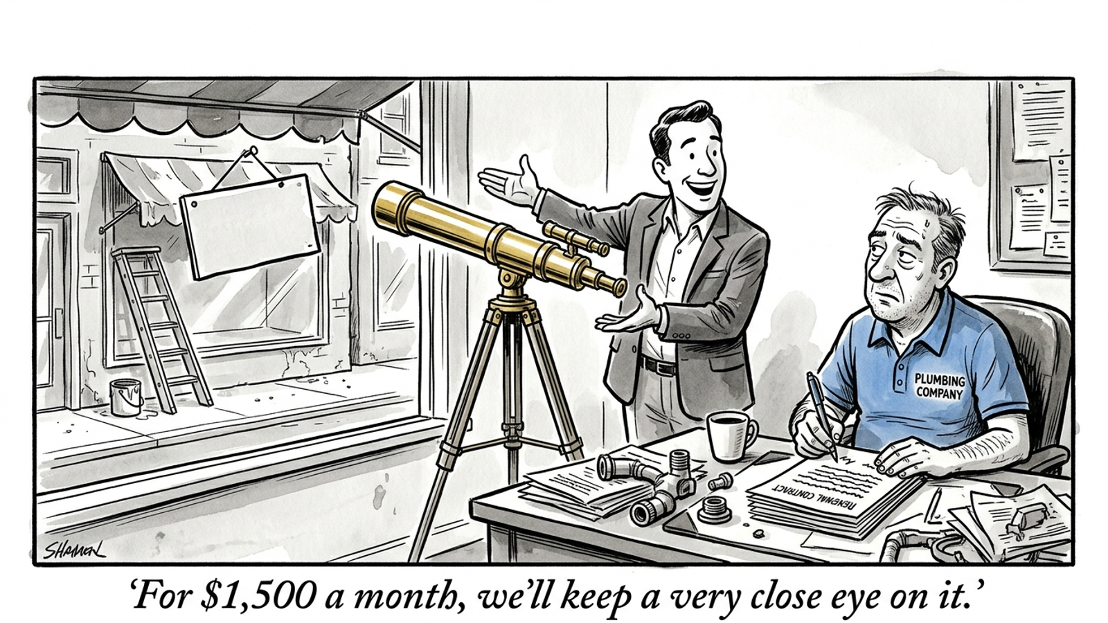 Cartoon of an agency rep showing an owner a fancy telescope aimed at his shabby shop, joking he'll pay monthly to watch it rather than have it fixed.