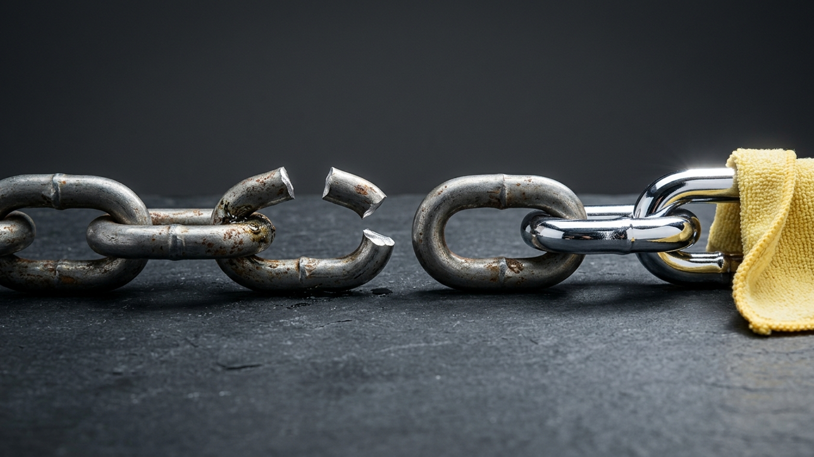 A seven-link steel chain with its third link snapped open while someone polishes the last link to a chrome shine, showing effort spent on the wrong end.