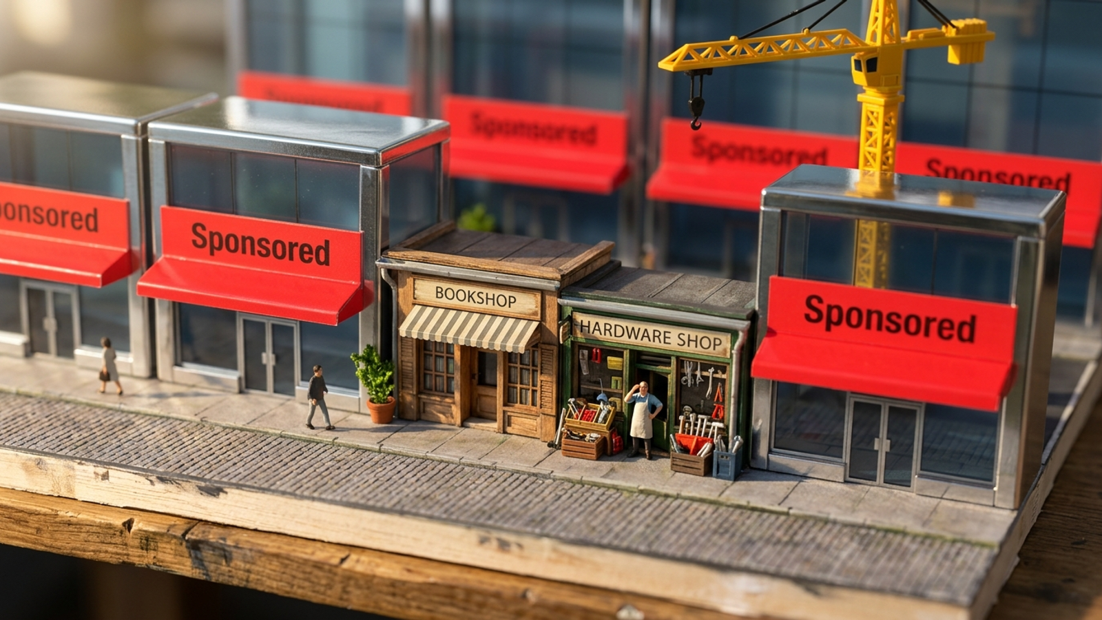 Tabletop model street where two tiny independent shops are crushed between giant glossy 'Sponsored' storefronts as a crane lowers in another.