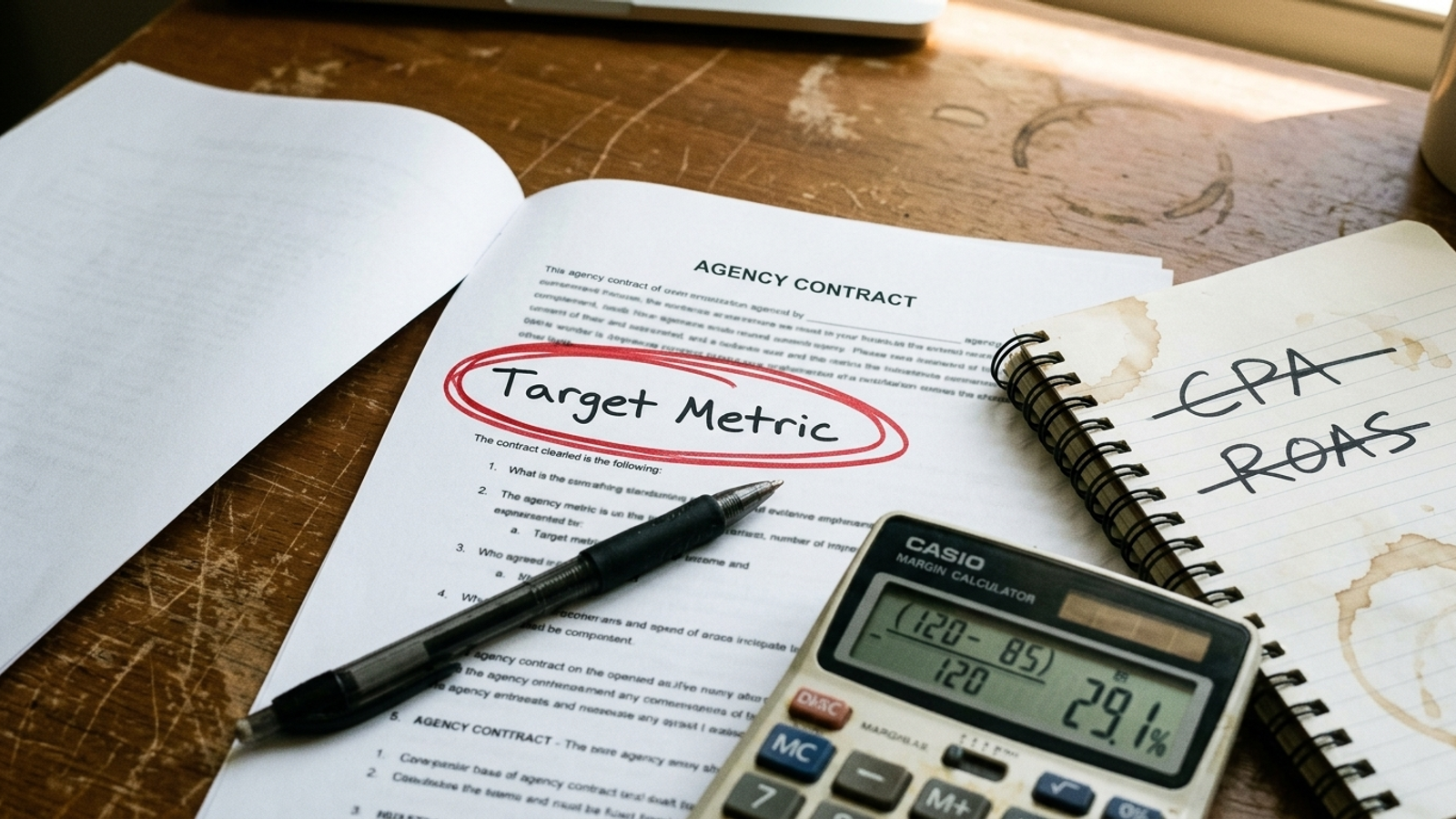 Contract with one metric circled beside a calculator showing margin math