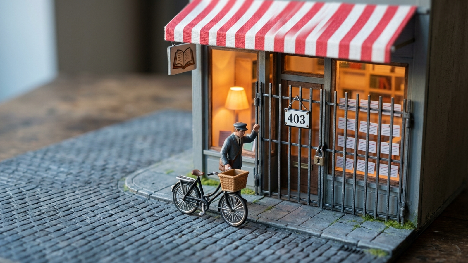 Tiny model shop full of neat answer cards behind a padlocked gate marked 403, a courier waiting outside: good copy is useless if bots can't get in.