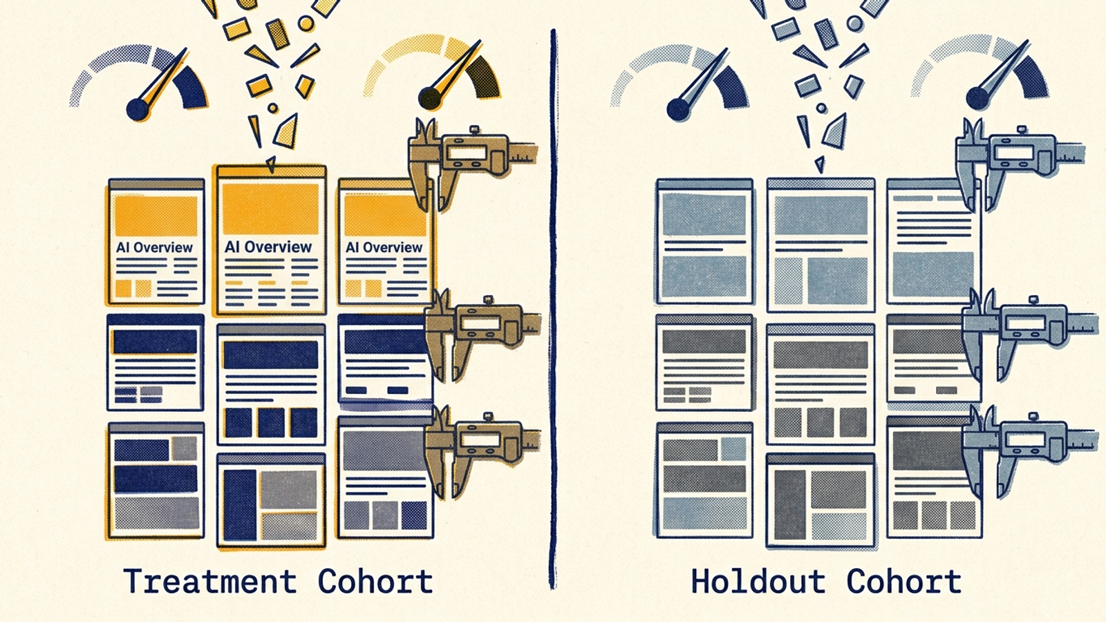 Matched landing pages divided into an edited treatment group and an untouched holdout group.