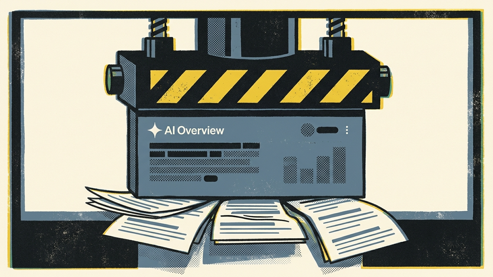 Illustration of a sponsored ad block taking space beside an AI answer and its organic source links.
