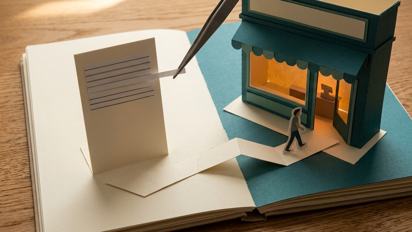 Pop-up book: tweezers lift a plain sentence from a paper signpost while a paper path leads a tiny figure to a glowing shop door on the facing page.