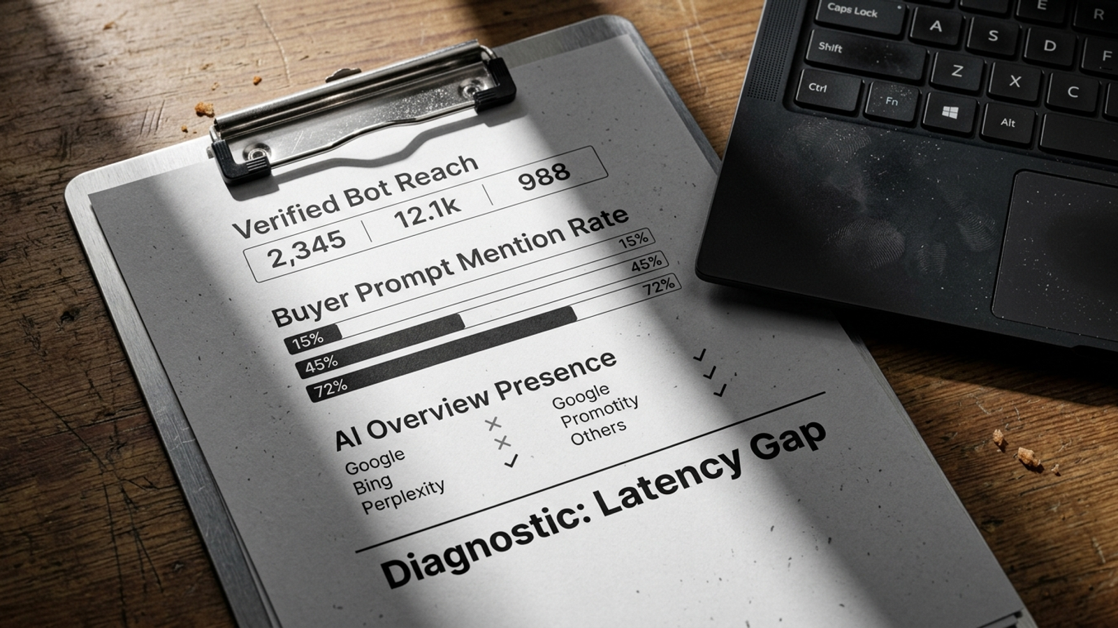 One-page search visibility report on a clipboard beside an open laptop