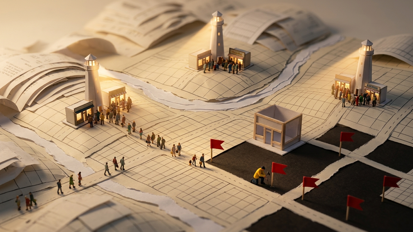 A paper tabletop map where lighthouse beams light up rival shops while a tiny surveyor plants red flags in the one dark, unlit plot they skip.