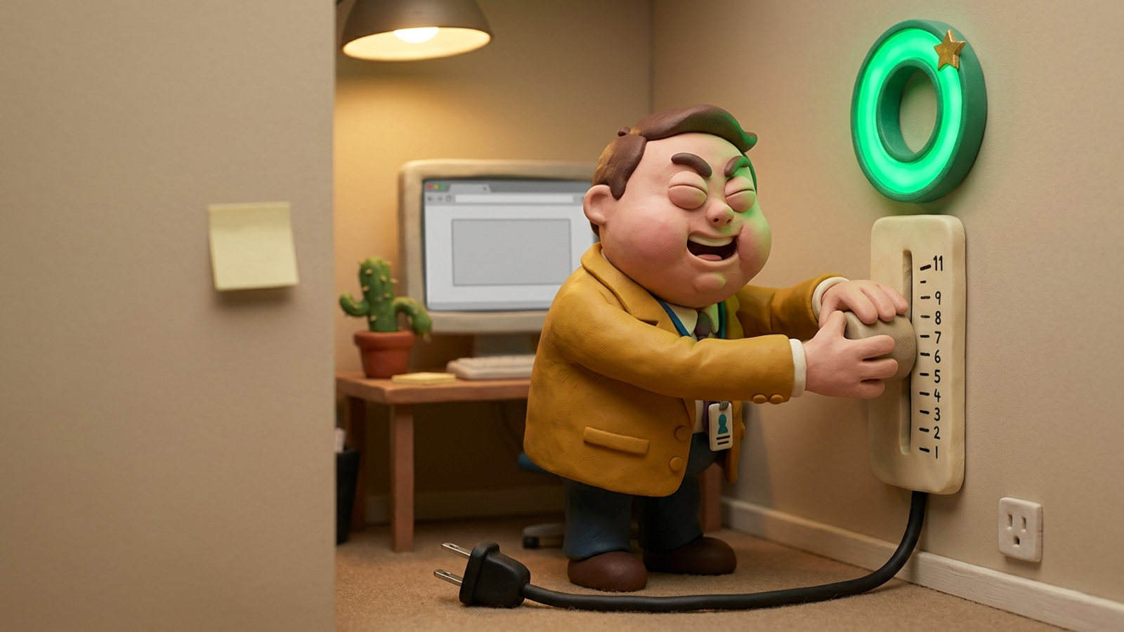 Clay marketer pushes a giant slider to 11 so a gauge glows green, while the slider's cable lies unplugged on the floor, connected to nothing.