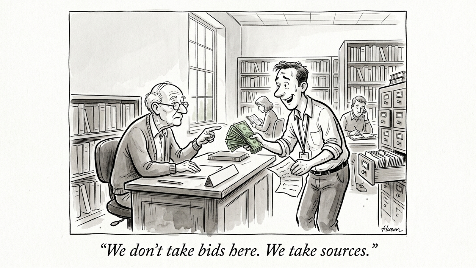 Cartoon of a business owner offering cash at a library reference desk while the librarian points to the card catalogue: citations are earned, not bought.
