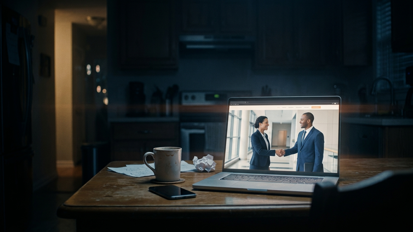 A changed service landing page open on a laptop beside a cold cup of coffee