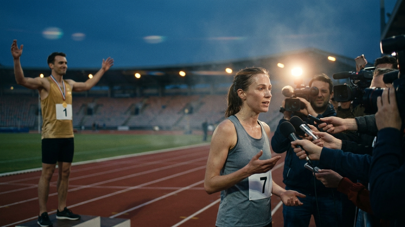 A lone sprint winner on the podium is ignored while reporters crowd the seventh-place runner, showing that ranking first isn't the same as being quoted.