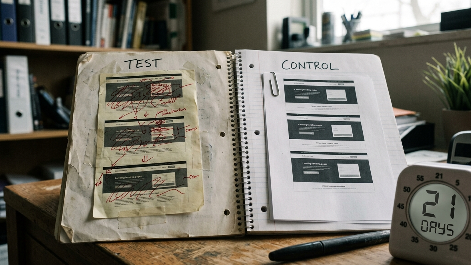 Lab notebook with matched pages in test and control columns