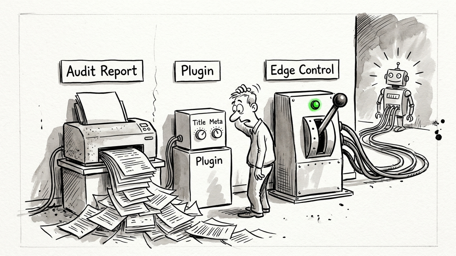 Cartoon comparing an SEO audit report, a CMS plugin dial and an edge-layer switch