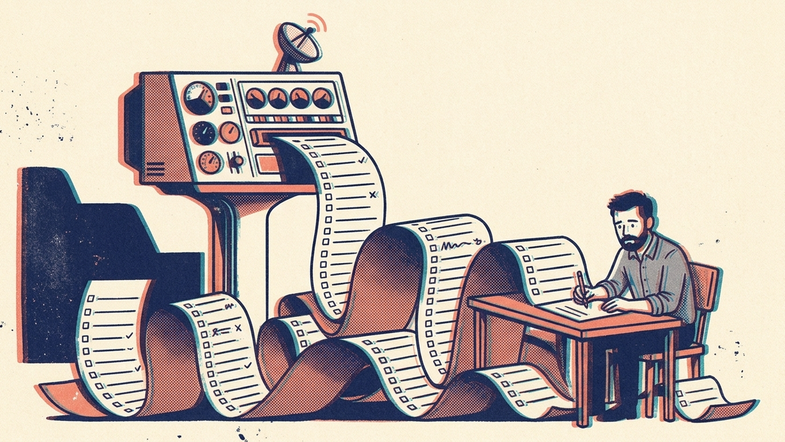 Illustration of a diagnostic scanner feeding a long scroll of tasks onto a marketer’s desk.