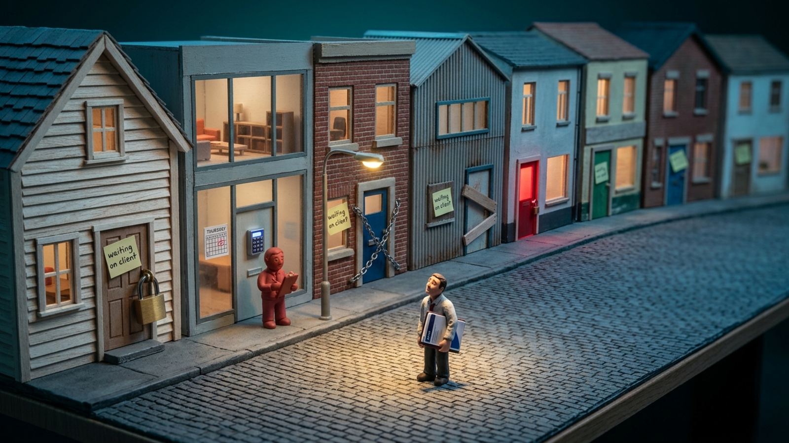 A tiny model agency worker holding a huge report stands before ten miniature storefronts, each door locked differently, notes reading “waiting on client.”