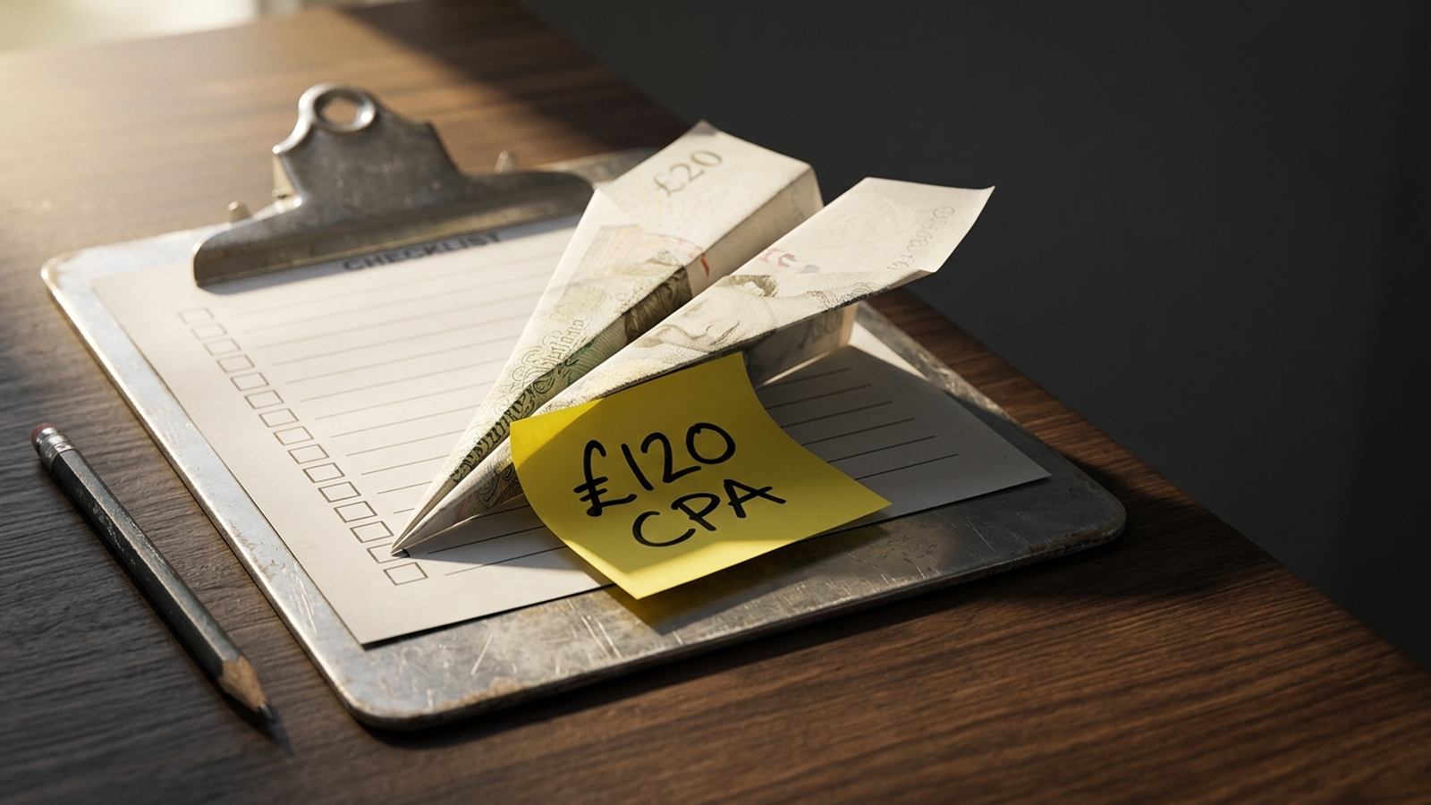 A paper aeroplane folded from a banknote is held down on a pilot's clipboard by a sticky note reading £120 CPA: no take-off until the number is written.
