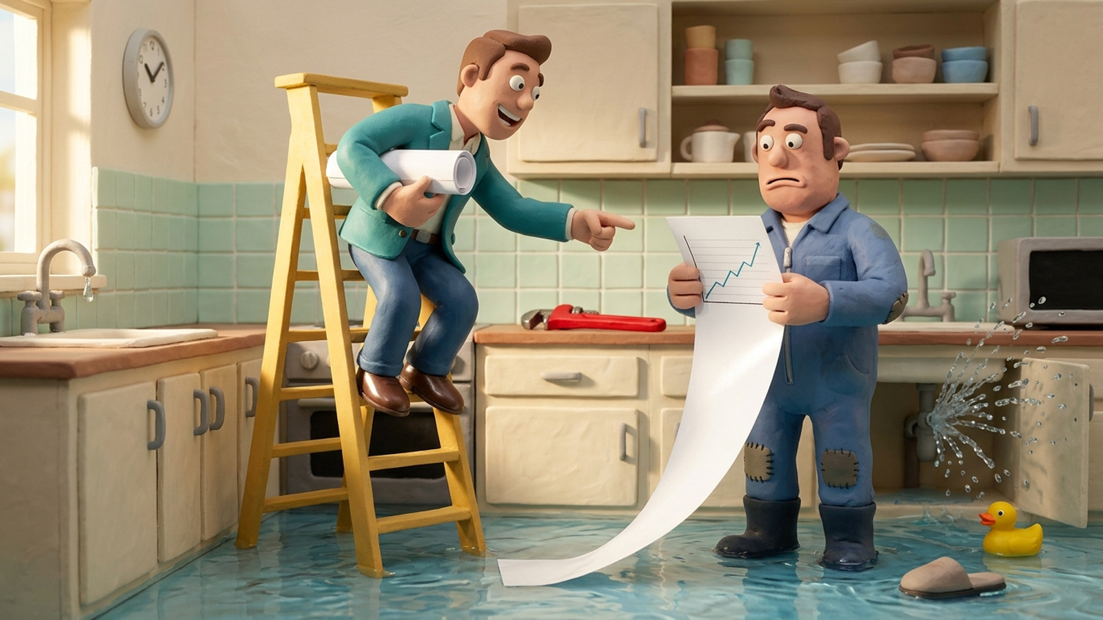 Clay plumber stands in a flooding kitchen as a cheerful consultant on a ladder hands him a chart of the rising water, while a wrench sits unused.