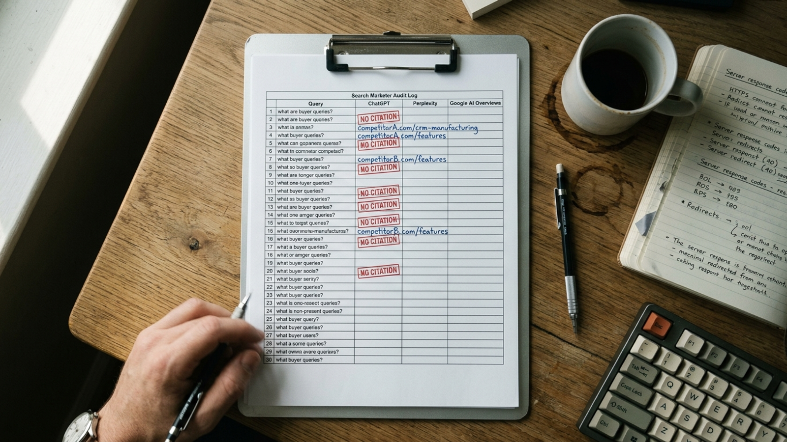 A clipboard audit sheet comparing AI search engines, with checklist rows and diagnostic stamps.